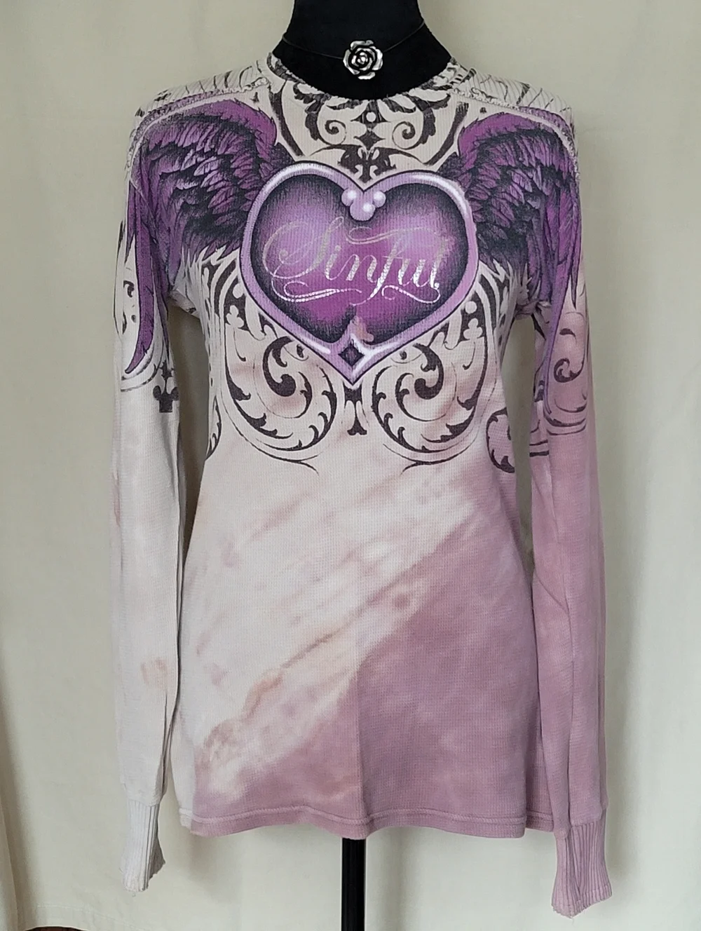 Sinful Women's Purple Heart & Wing Long Sleeve Top - Picture 2 of 7